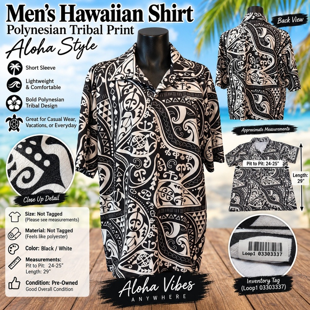 Mens Polynesian Tribal Print Hawaiian Shirt Black White Aloha Style Short Sleeve